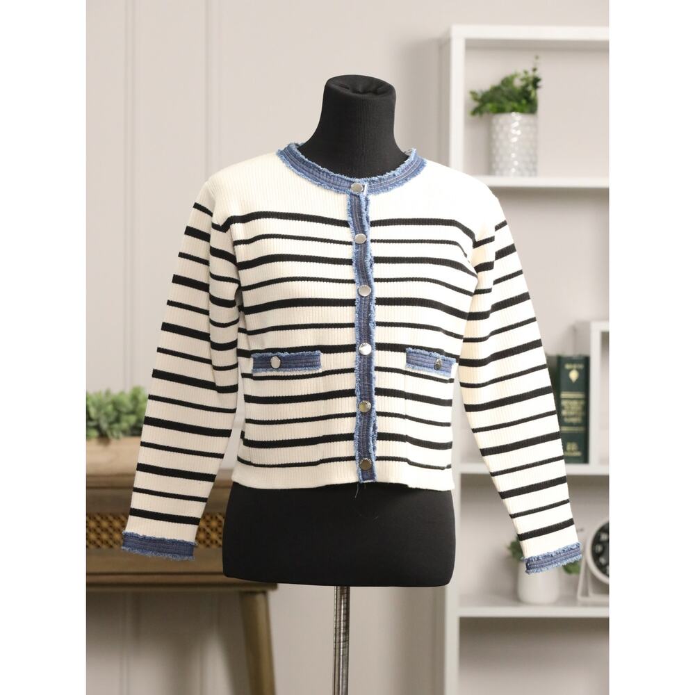 Elie Tahari Gold Label Cardigan S Striped Knit Denim Trim Snap Front $198 Retail